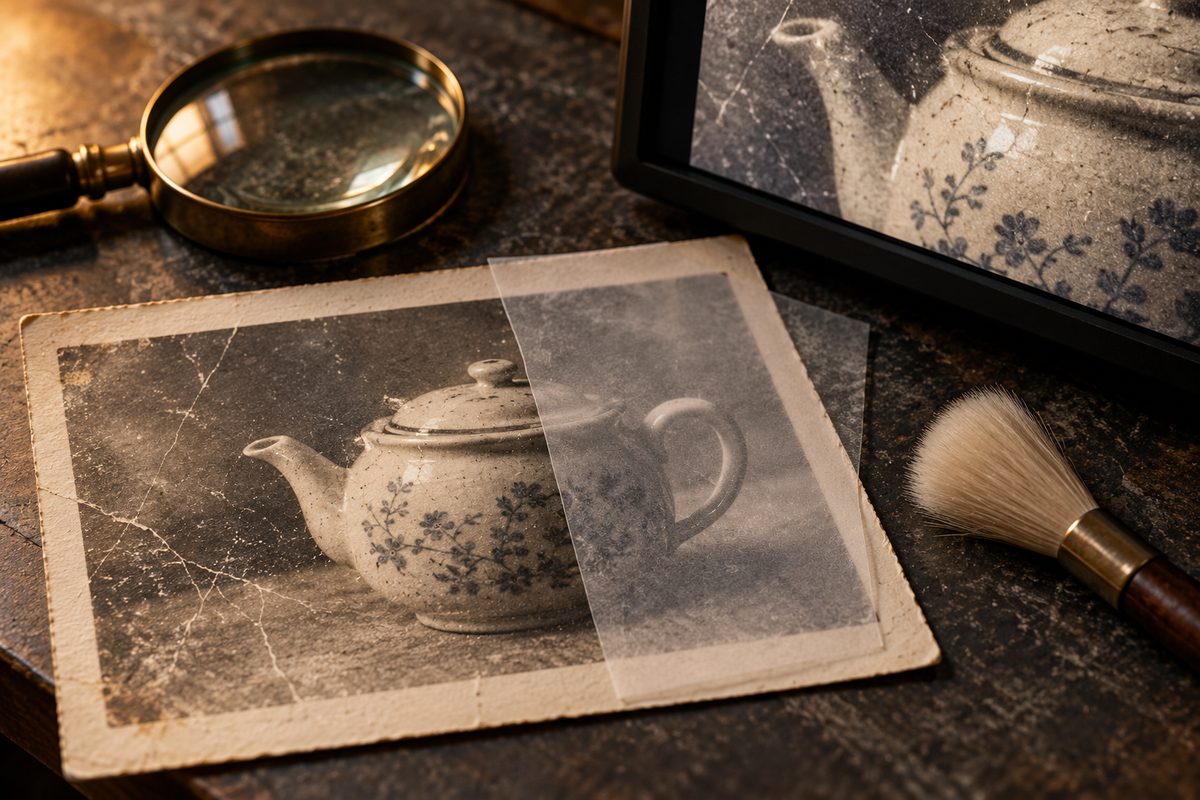 Et slitt papirfoto av en keramikktekanne ligger under et forstørrelsesglass ved siden av en skjerm med en mykere detaljvisning.