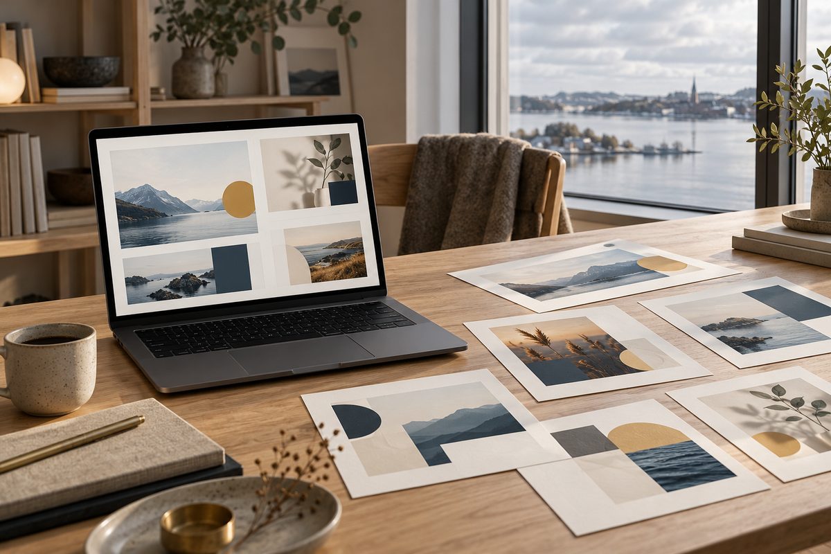 En bærbar datamaskin viser grafiske lysbilder ved siden av utskrevne presentasjonskort på et trebord med fjordutsikt.