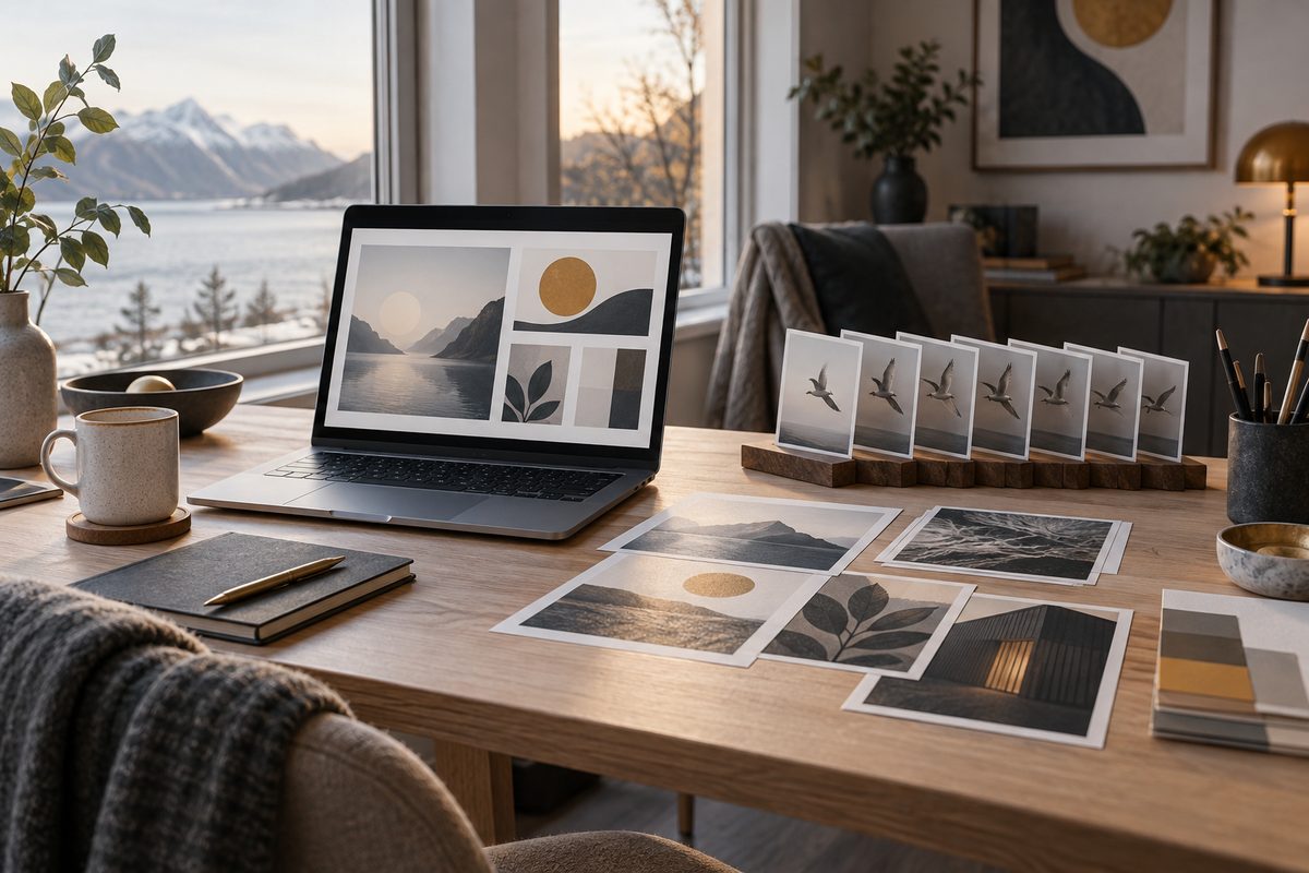 En bærbar datamaskin viser abstrakte bildeflater ved siden av utskrevne motivkort og sekvensbilder på et lyst nordisk arbeidsbord.