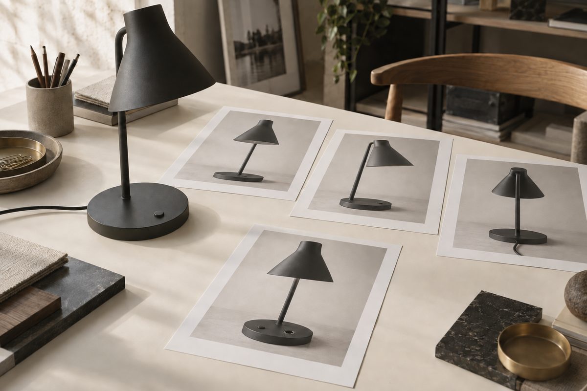 En svart bordlampe står ved fire produktfoto fra ulike vinkler, med en ekstra kontakt på lampefoten i det fremste utkastet.