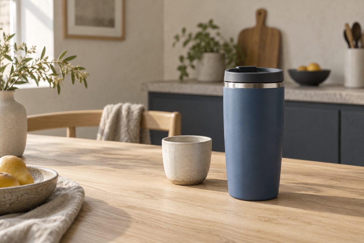 En enkel keramikk-lampe står på et steinbord i en nordisk stue, med referansefoto, myk skygge og fjordutsikt i bakgrunnen.