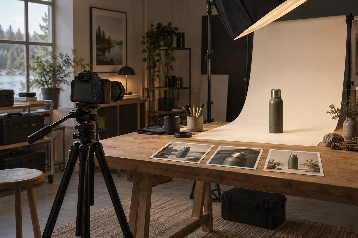 Et kamera på stativ peker mot en grønn termos i et lite studio, med tre planlagte produktutsnitt lagt på arbeidsbordet.