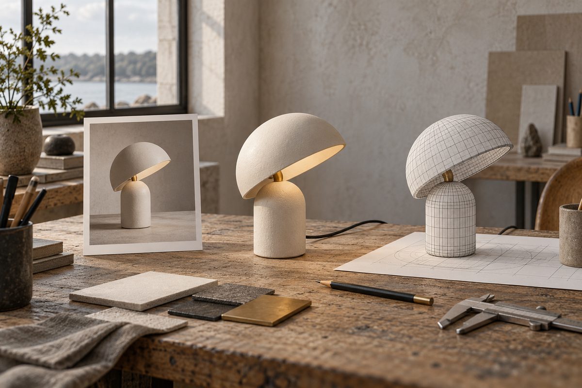 En keramisk bordlampe vises som produktfoto, voluminøs modell og trådnett på et lyst tegnebord.