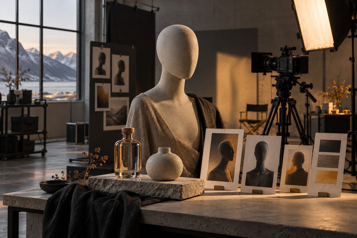 En glatt, ansiktsløs figur står ved et produktbord i et filmstudio med kamera, lysutstyr og blanke karakterkort.