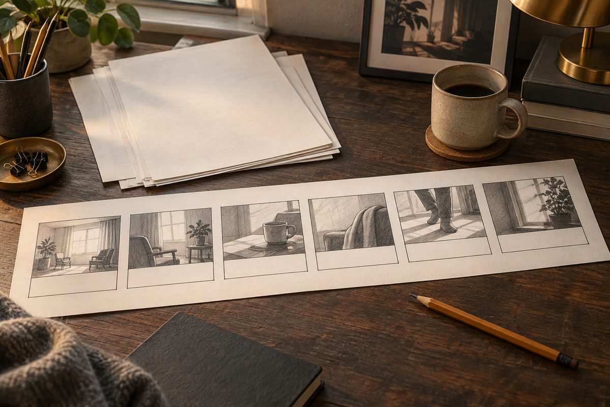 Seks blanke storyboardruter, manusark og en blyant ligger på et mørkt trebord i varmt studiolys.