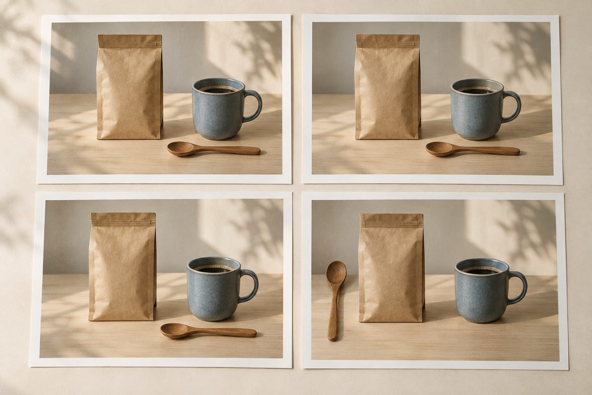 Fire storyboardruter viser en kaffepose, en blå kopp og en treskje på et lyst bord, med skjeen feilplassert i siste rute.