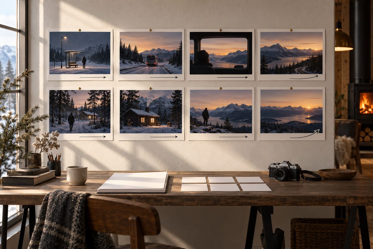 Åtte filmruter viser en reise fra snødekt busstopp til hytte og fjordutsikt, over et arbeidsbord med tomme kort og kamera.