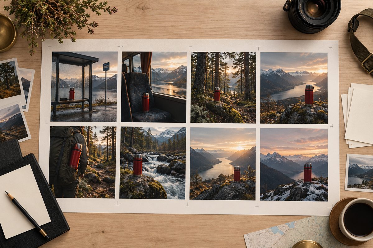 En rød termos går igjen i åtte filmruter fra busstopp og skogsti til utsikt over en norsk fjord.
