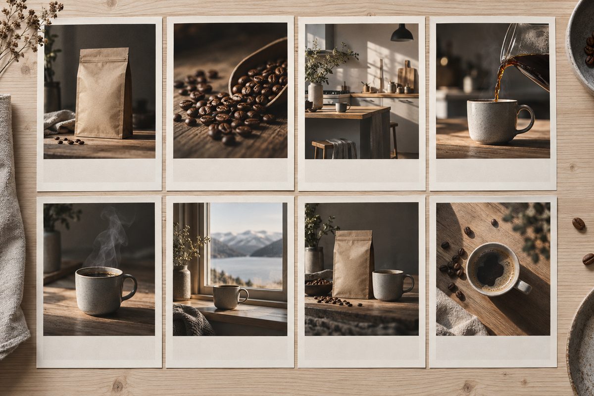 Åtte storyboardkort med kaffepose, kaffebønner og keramikkopp i et nordisk kjøkken ligger i to rader på et lyst trebord.
