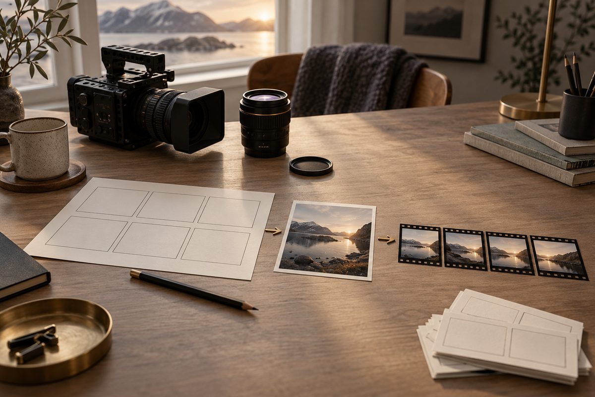 Et lyst studioarbeidsbord viser en innrammet filmscene, en keramikkopp i flere bevegelsesfaser og en stripe med filmruter.