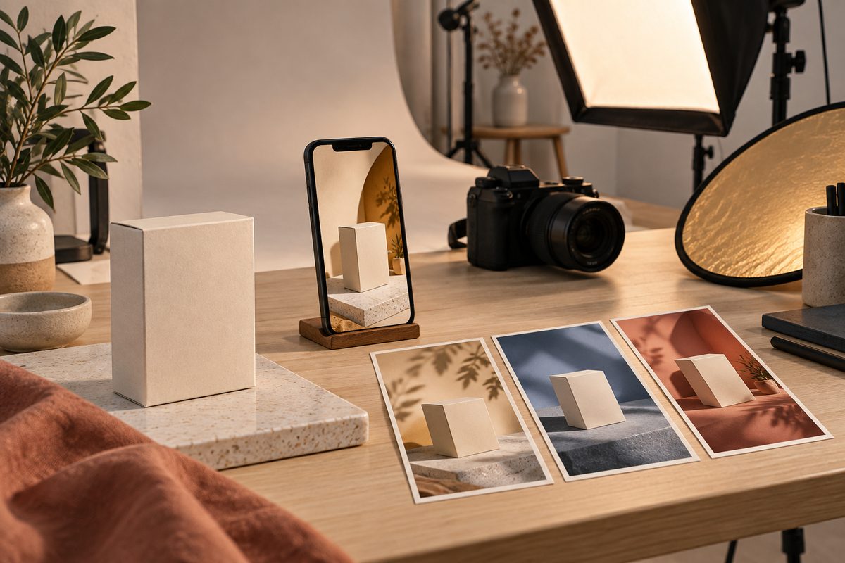 Liten blank produkteske på et nordisk fotobord med mobil, variantkort, kamera og myke studiolamper.