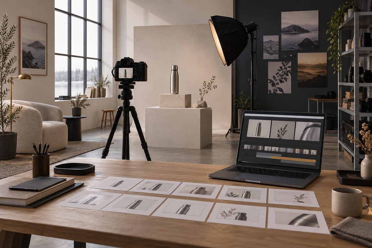 I et nordisk filmstudio står en termos foran et kamera, mens storyboardkort og en skjerm viser ulike klipp i en produksjonsflyt.