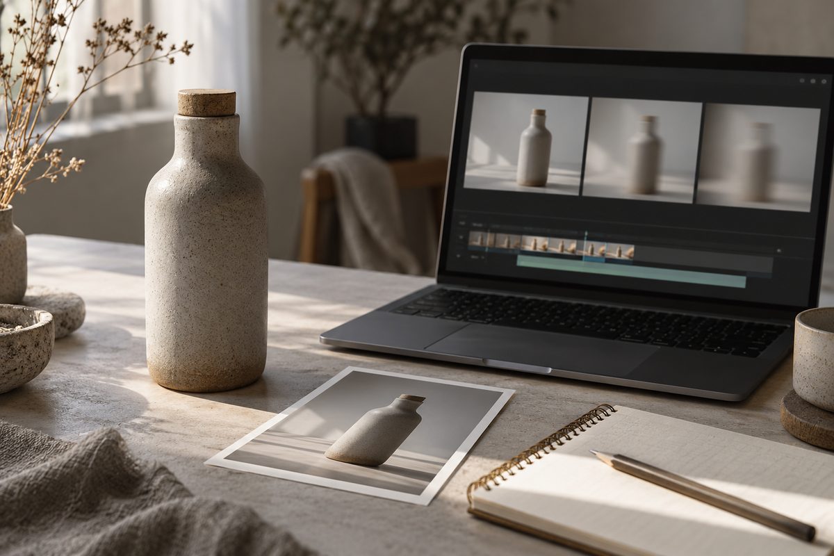 En matt keramikkflaske og et fototrykk står på et lyst studioarbeidsbord foran en laptop med en enkel videolinje.