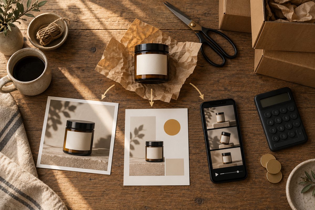 Et ravfarget glass med blank etikett ligger mellom produktfoto, pakkepapir og en telefon med videoruter på et arbeidsbord.