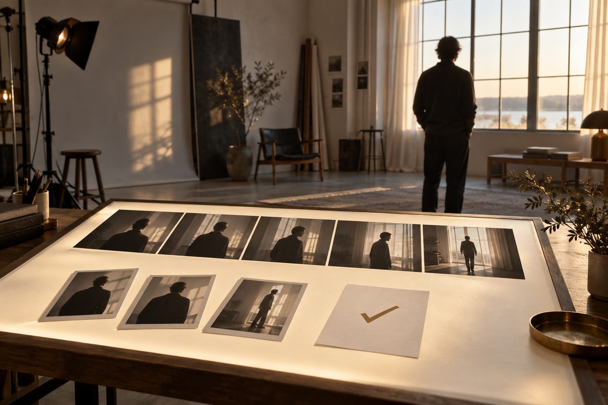 En anonym person står med ryggen til i et lyst fotostudio, foran en lysboks med portrettkort, en bildesekvens og et avkrysset kort.