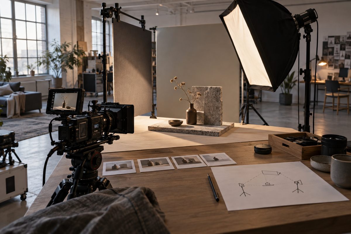 Et filmkamera og lysstativ peker mot et lite produktsett, mens storyboardbilder og en enkel lysplan ligger på bordet.