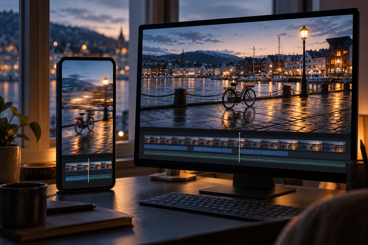 En uskarp vertikal video av en sykkel står ved siden av et skarpere bredformat med samme opplyste havnepromenade og redigeringsspor.
