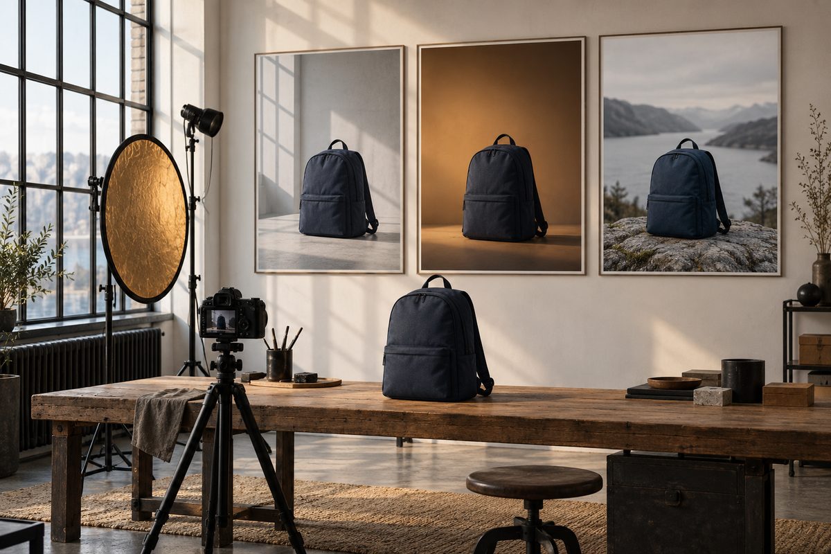 En blå ryggsekk står på en arbeidsbenk foran tre bilder av samme sekk i ulikt lys, med kamera og reflektor i studioet.