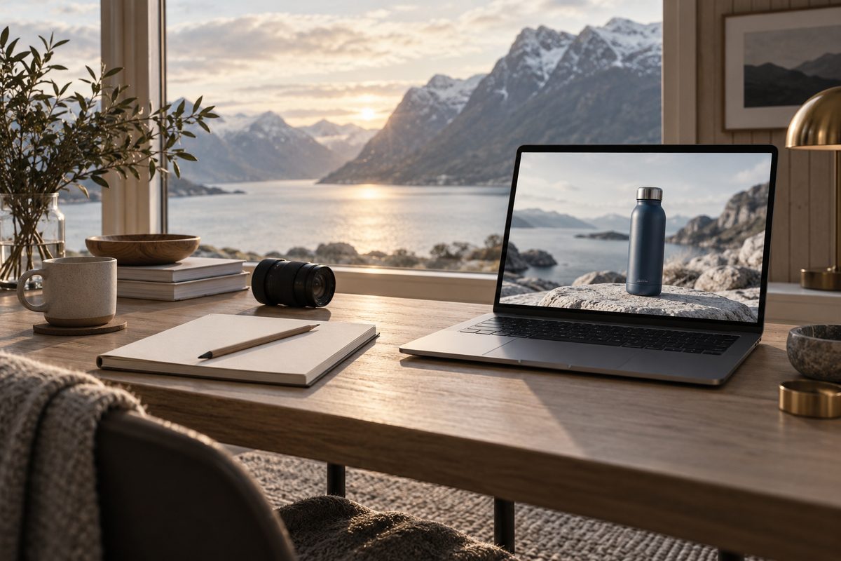 En laptop viser en blå termos ved et fjordvindu, mens en tom notatbok, blyant og kameralinse ligger på skrivebordet.