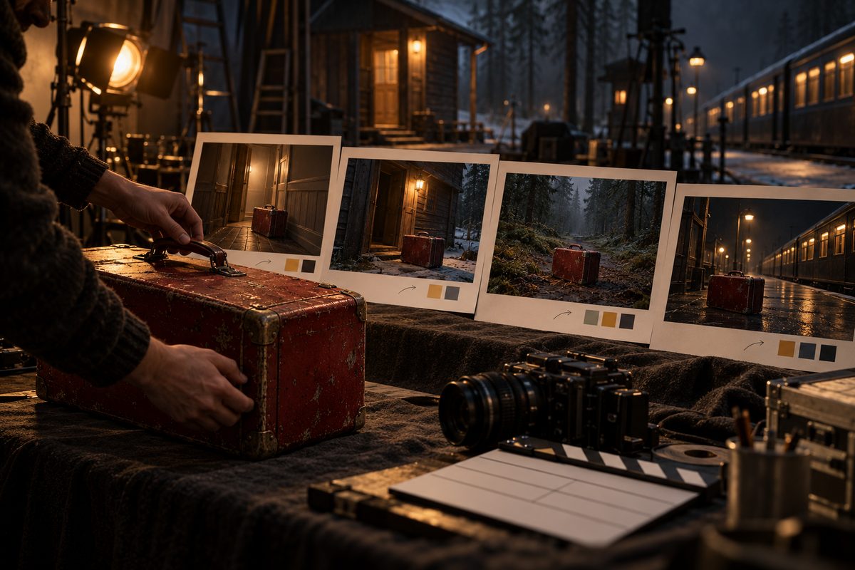 Hender justerer håndtaket på en slitt rød koffert ved kameraet, mens fire filmruter viser rekvisitten i ulike scener.