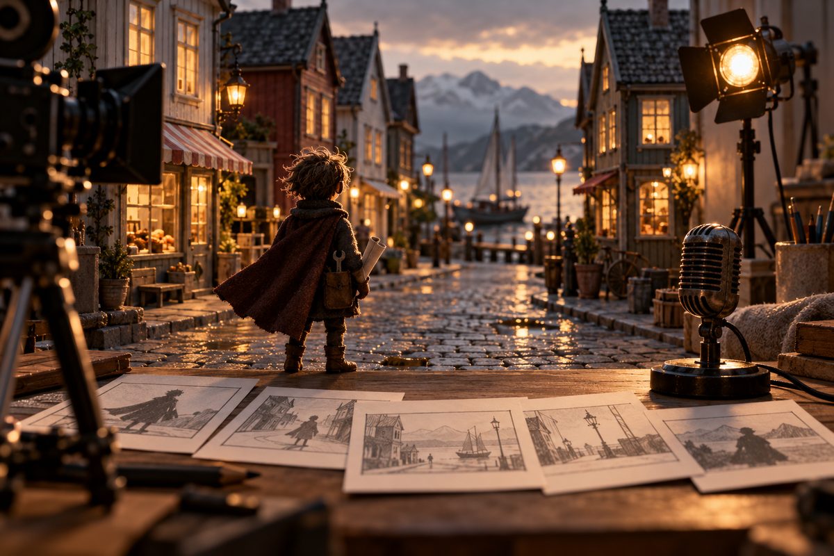 En miniatyrgate med en kappekledd figur sett bakfra, storyboardskisser og en mikrofon i varmt scenelys.