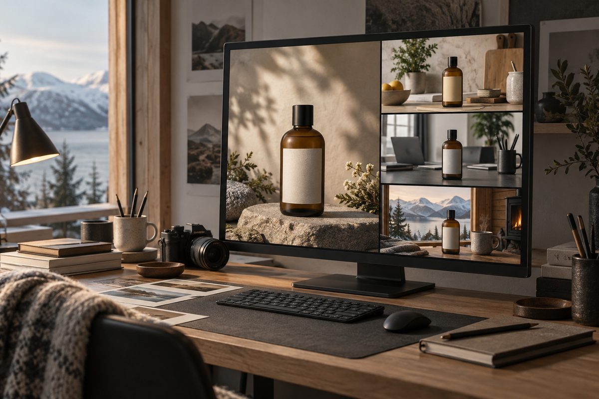 En amberfarget flaske står på en studioskjerm med varianter fra kjøkken, kontor og norsk hytte, ved et ryddig arbeidsbord.
