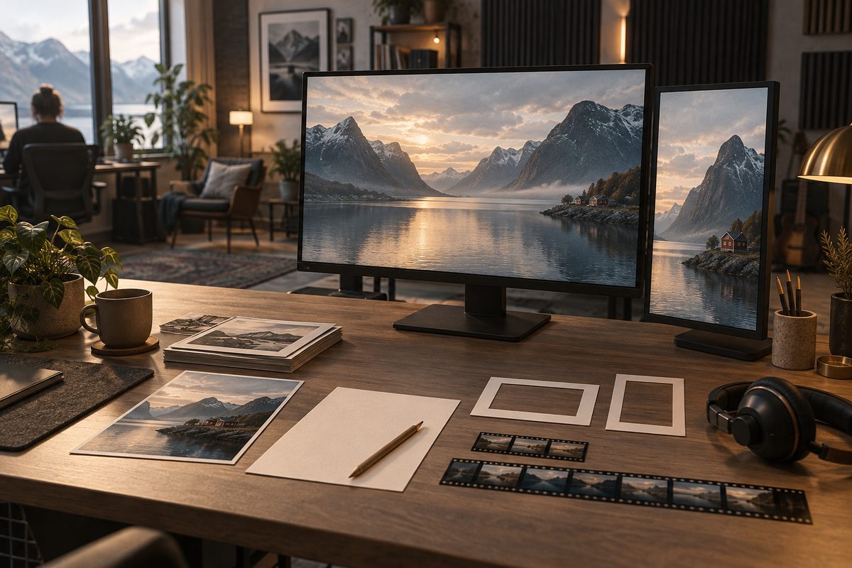 En videoredigerer sitter ved siden av skjermer med fjordklipp, referansebilder, blankt kort, filmstrimler og hodetelefoner.