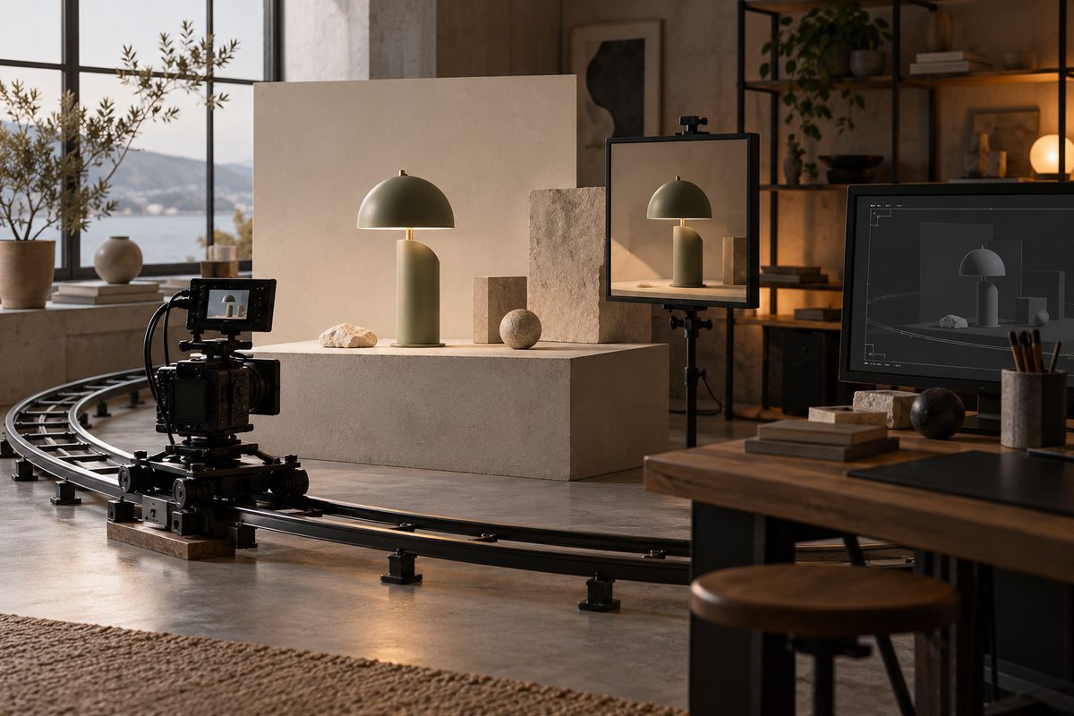 En blå skulptur står på en lys sokkel ved siden av en filmstripe med flere utendørsscener i varmt kveldslys.