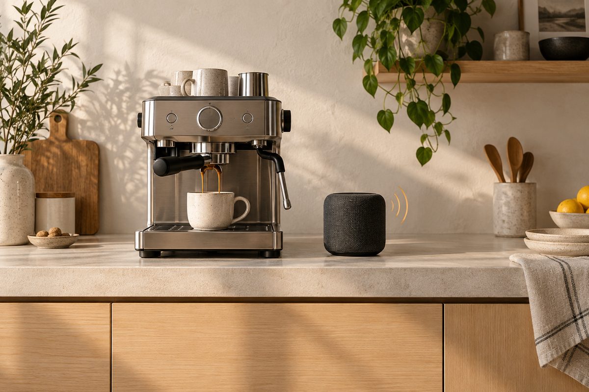 En espressomaskin fyller en keramikkopp ved siden av en liten høyttaler med gylne lydbølger på en solbelyst kjøkkenbenk.