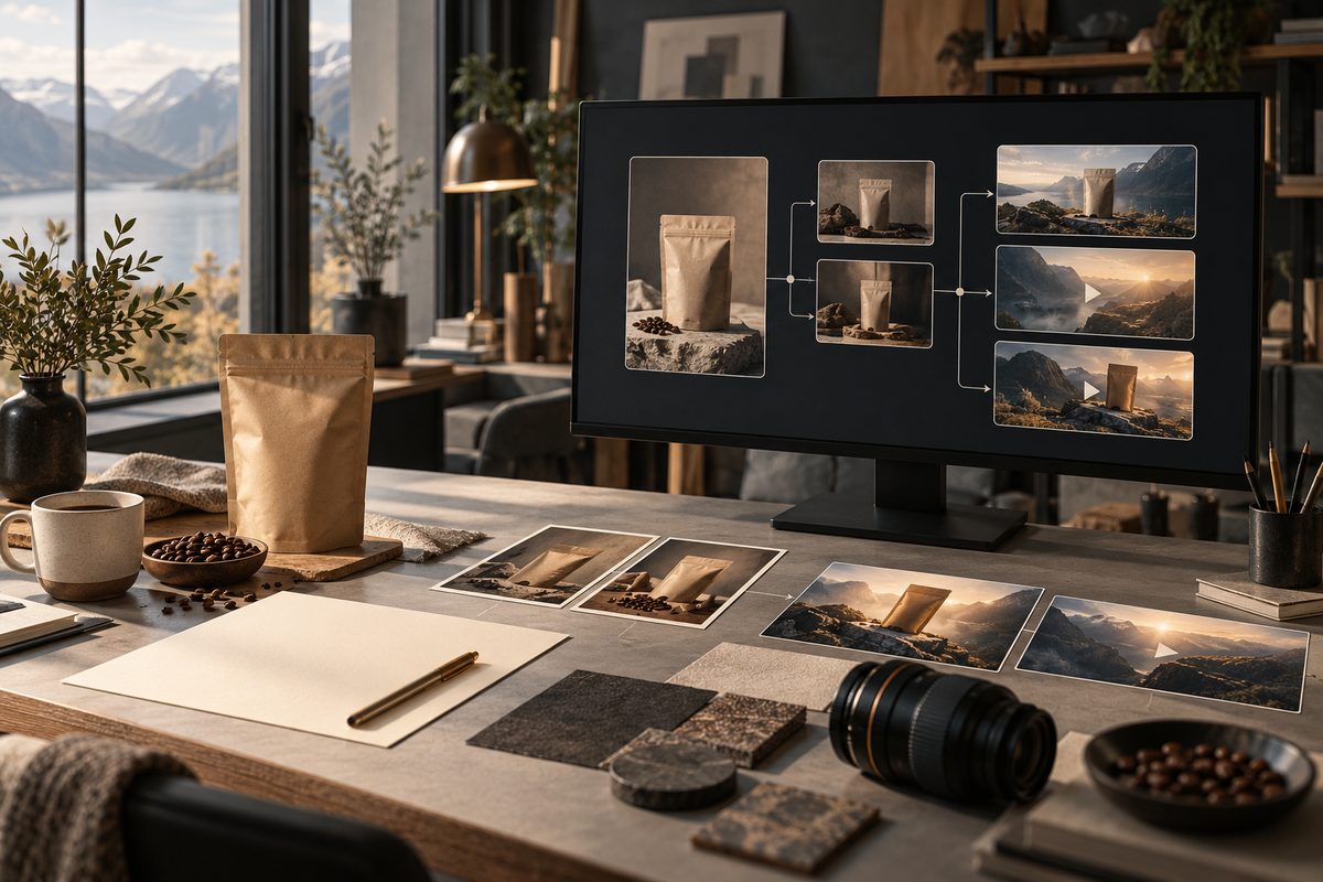 En kaffepose, kamera og blank brief står foran en skjerm med sammenkoblede produktbilder og videoklipp.