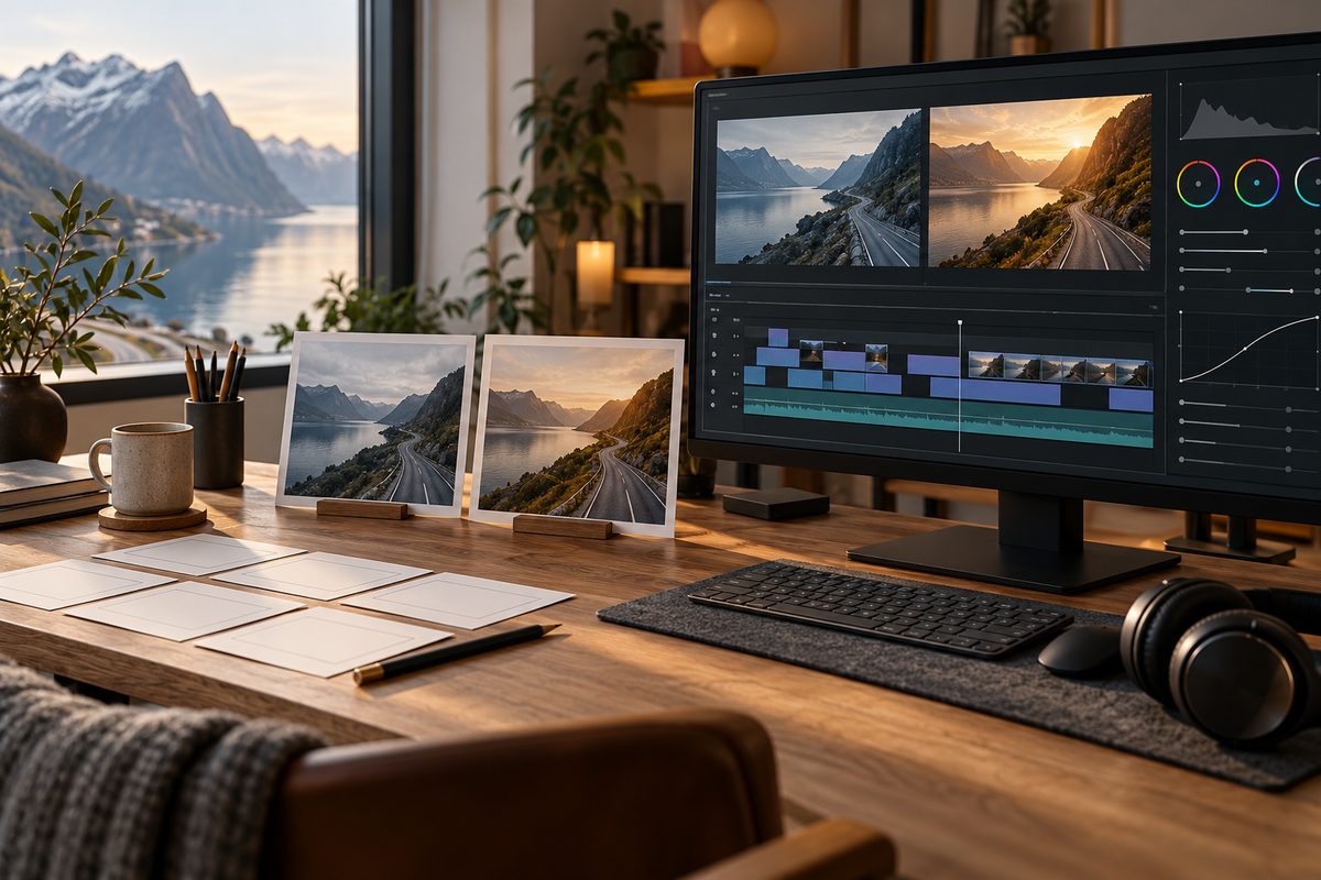 Storyboardskisser, to varianter av en fjordvei og en fargerik klippetidslinje ligger på en videogredigerers arbeidsplass.