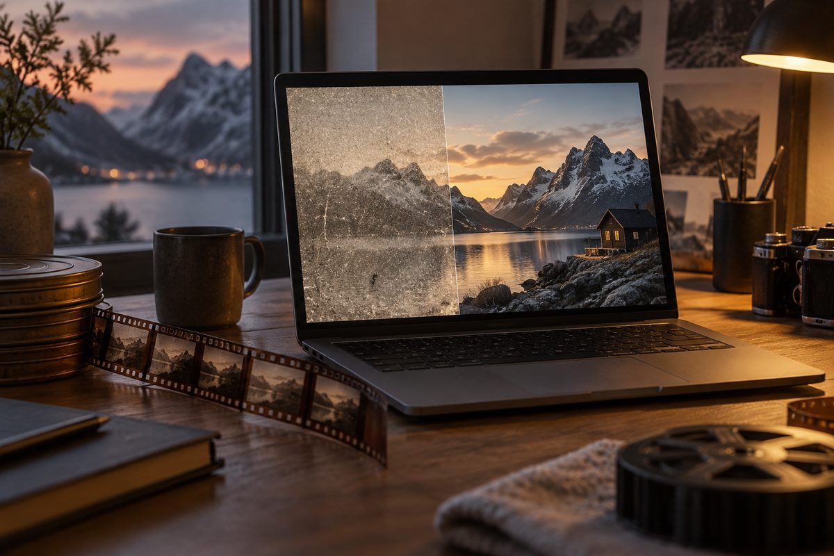 På en laptop går et kornete fjordklipp over i et skarpt fjellandskap, mens en filmstripe ligger på skrivebordet.