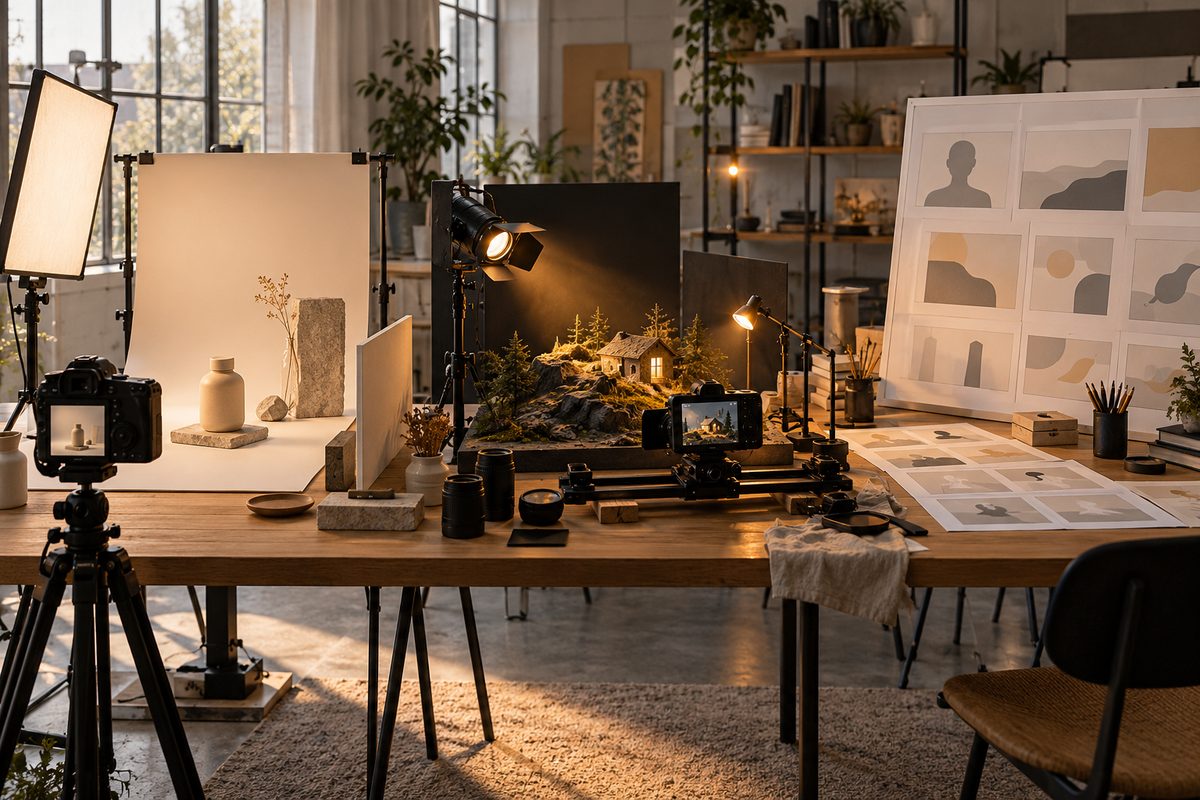 Tre videoproduksjonsoppsett står på et arbeidsbord: produktfoto til venstre, miniatyrfilmscene i midten og bildemanus til høyre.