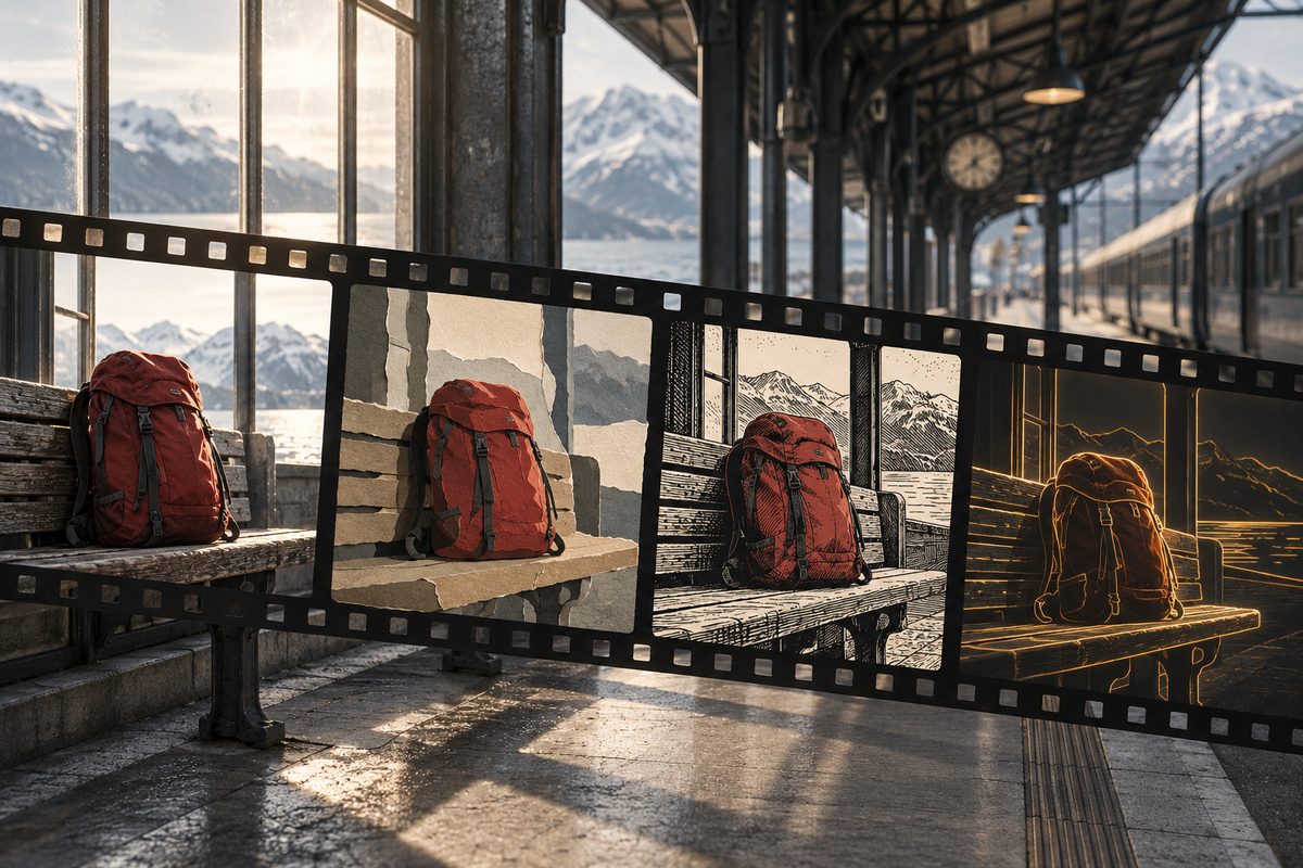 Tre feltløse filmruter viser en tom kystvei som går fra naturtro farger til blekktegning og akvarell på en stor skjerm.