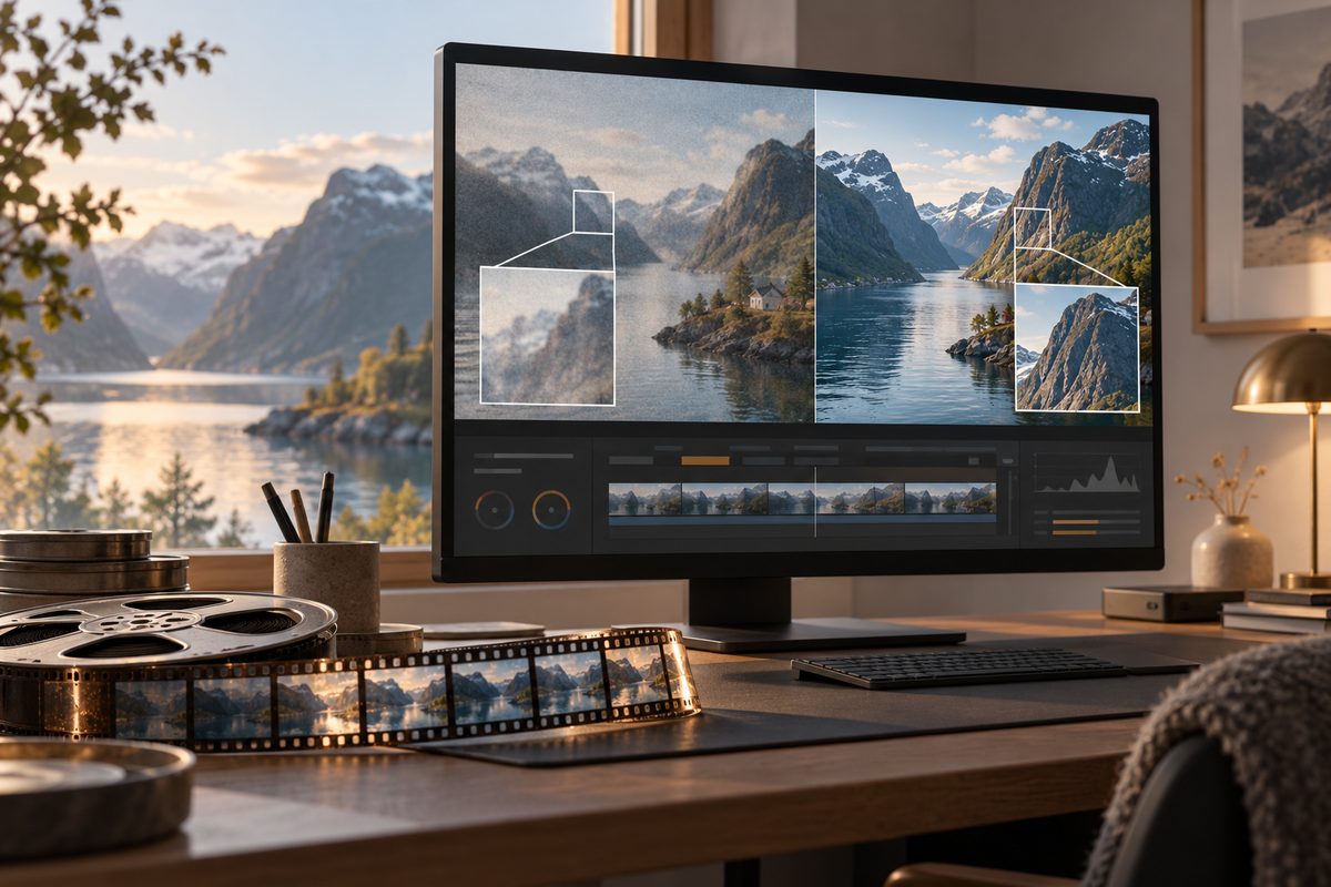 En filmstripe ligger foran en skjerm som viser et kornete fjordklipp ved siden av en skarpere versjon.