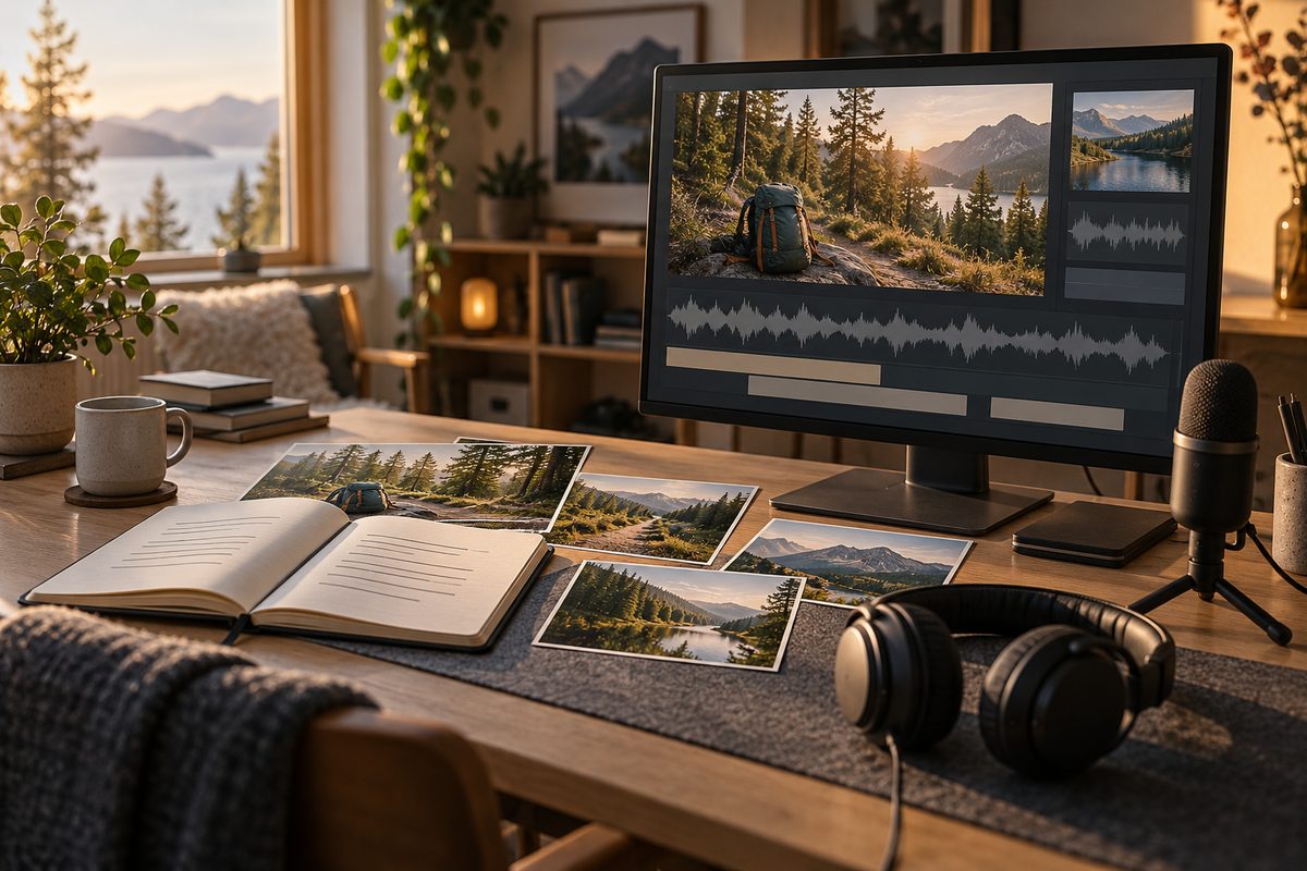 Et manushefte, turbilder og hodetelefoner ligger foran en skjerm med lydkurve i et varmt hjemmestudio.