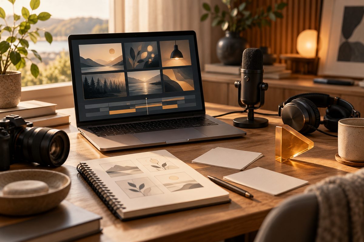 En laptop med abstrakte storyboard-ruter står på et skrivebord med mikrofon, hodetelefoner og et lite gyllent avspillingssymbol.