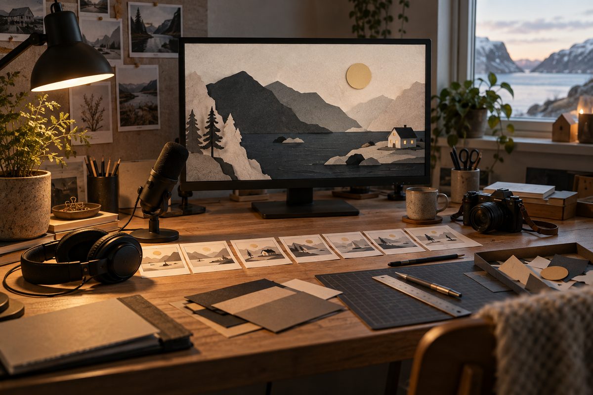 Et hjemmestudio med mikrofon, hodetelefoner og storyboardkort foran en skjerm med en papirklippet fjordscene.