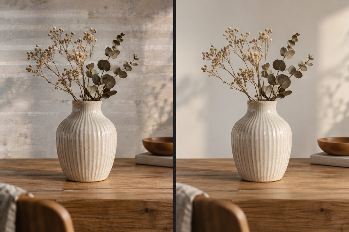 To utsnitt av en keramikkvase med tørkede blomster på et trebord, med stripete bakgrunn til venstre og jevn bakgrunn til høyre.