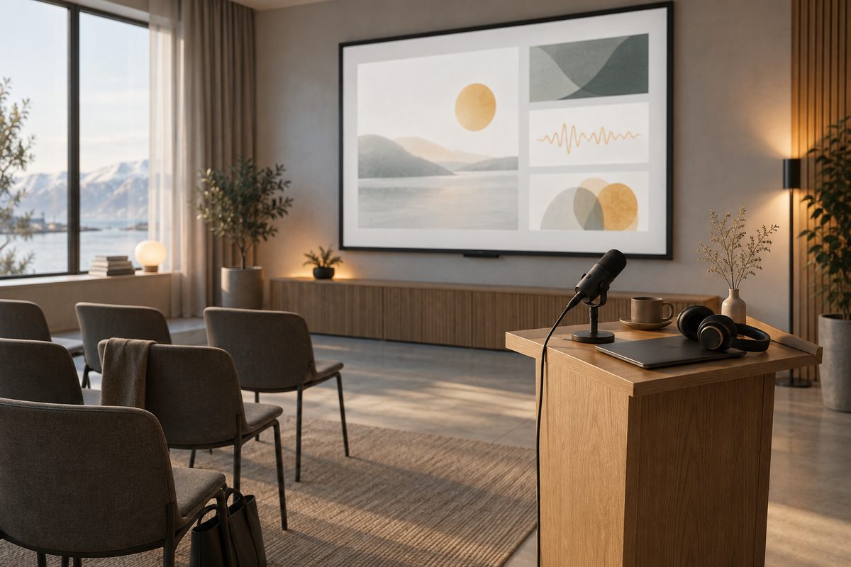 En mikrofon og hodetelefoner står på et talerstativ foran en skjerm med abstrakte presentasjonsbilder og en bølgeform.