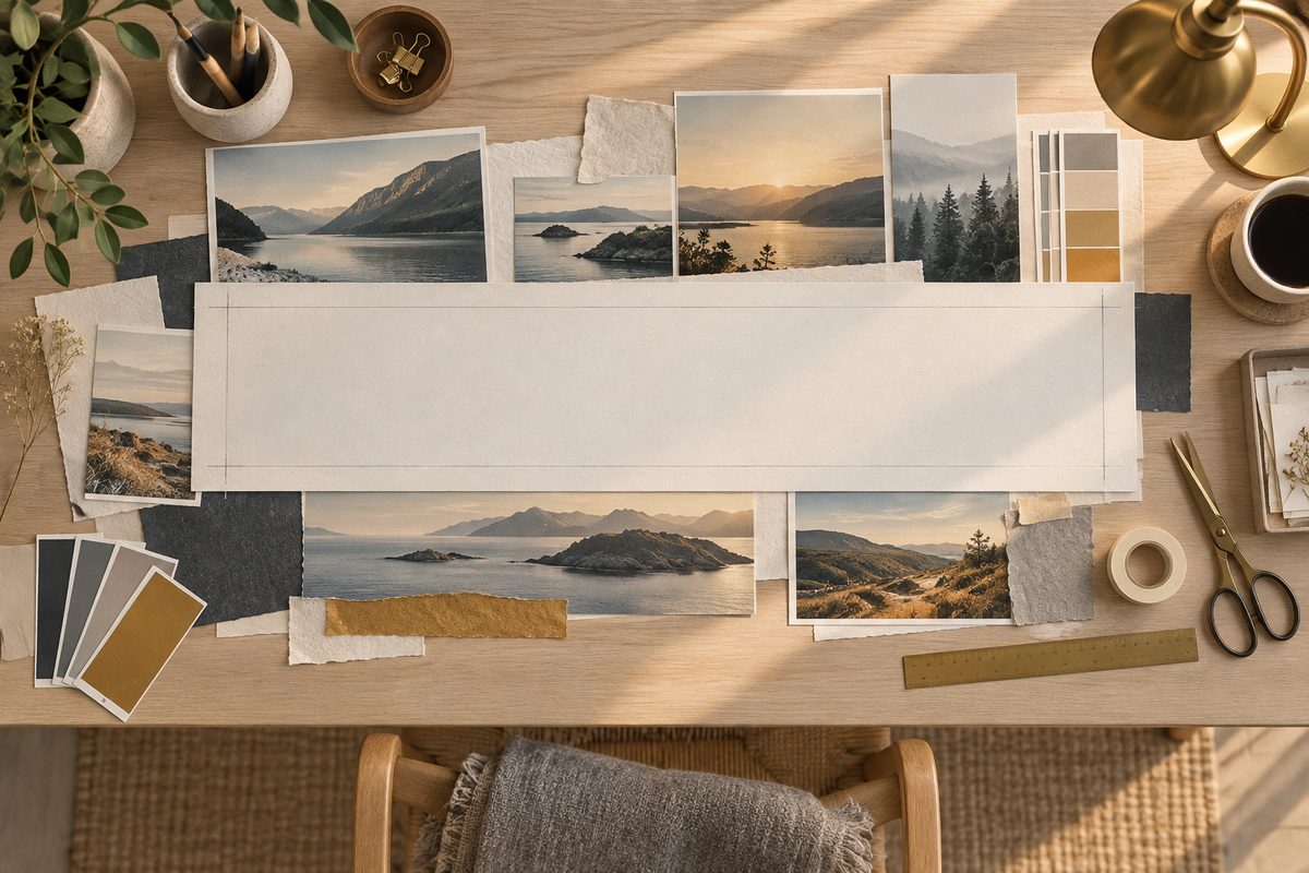 Rett ovenfra ses et bredt tomt kanalhode omgitt av nordiske landskapsbilder, fargekort, saks, linjal og varm arbeidsbelysning.