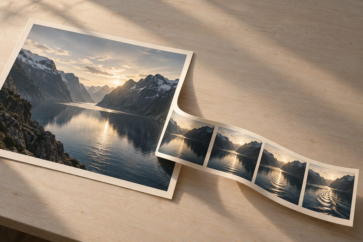 Et fjordfotografi på et lyst trebord fortsetter som en buet bildestrimmel med fire ruter der krusningene i vannet endrer seg.