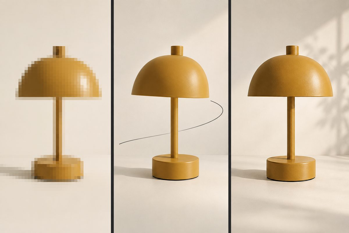 En gul bordlampe vises i tre ruter, fra et pikselert utkast via en buet bevegelseslinje til en skarp og detaljert versjon.