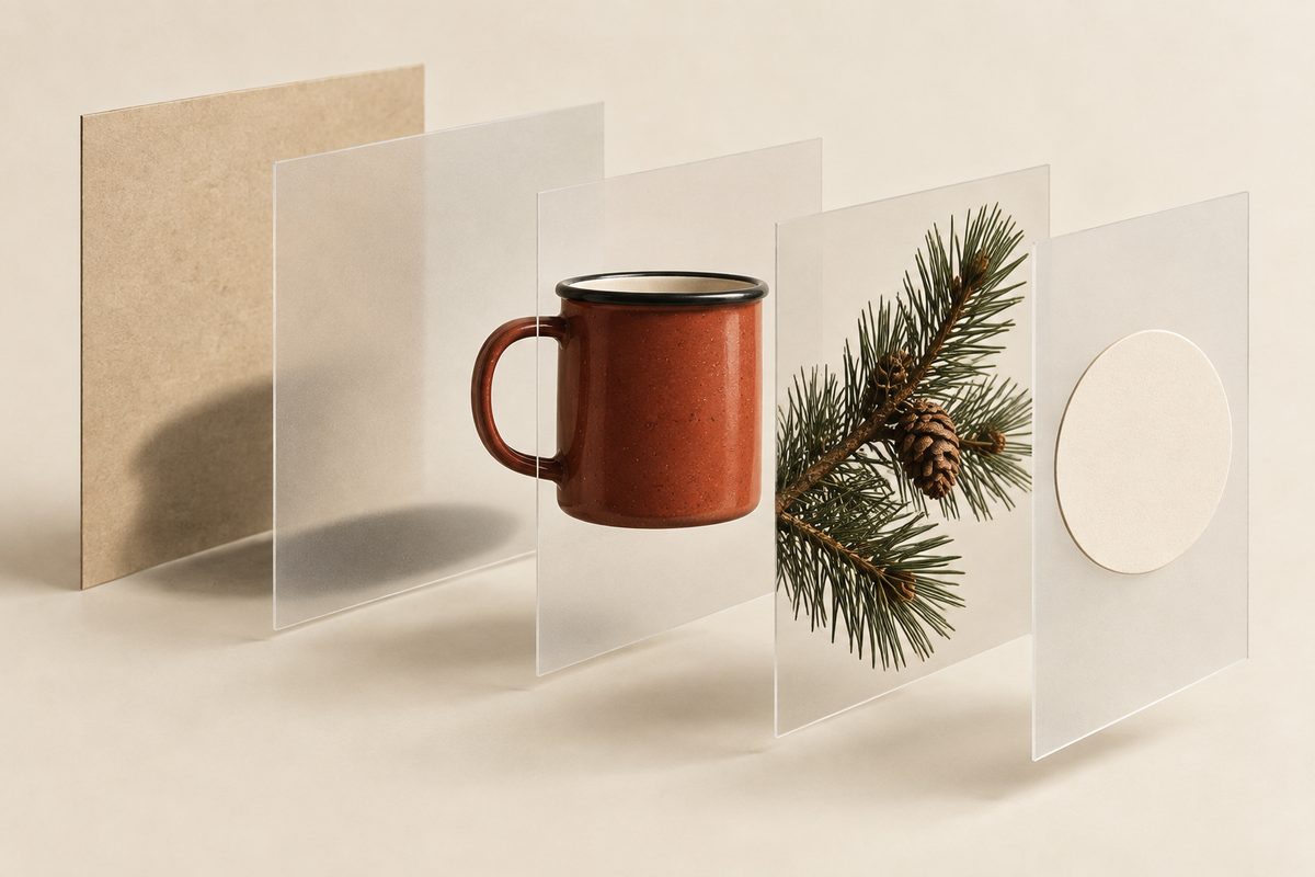 En produktannonse er delt i fem adskilte lag med beige bakgrunn, skygge, rød emaljekopp, furukvist og en tom sirkel.