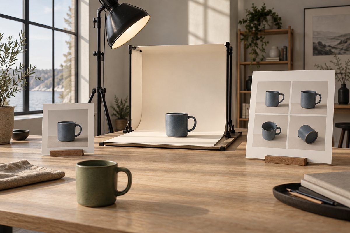 En blå kopp står i et lite fotostudio mellom et referansefoto og fire produktbilder, med en grønn kopp foran på bordet.