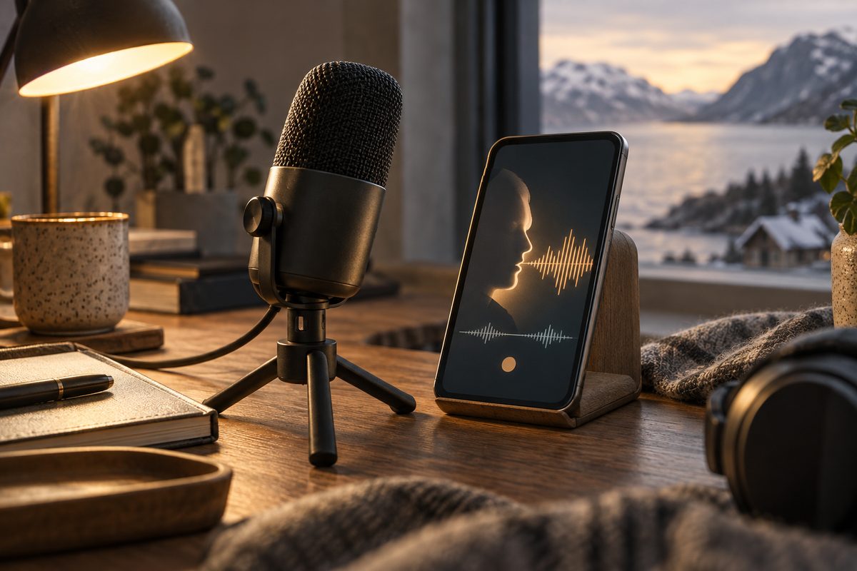 En mikrofon, hodetelefoner og lydopptaker står ved en skjerm med lydspor og en silhuett i et videobilde.