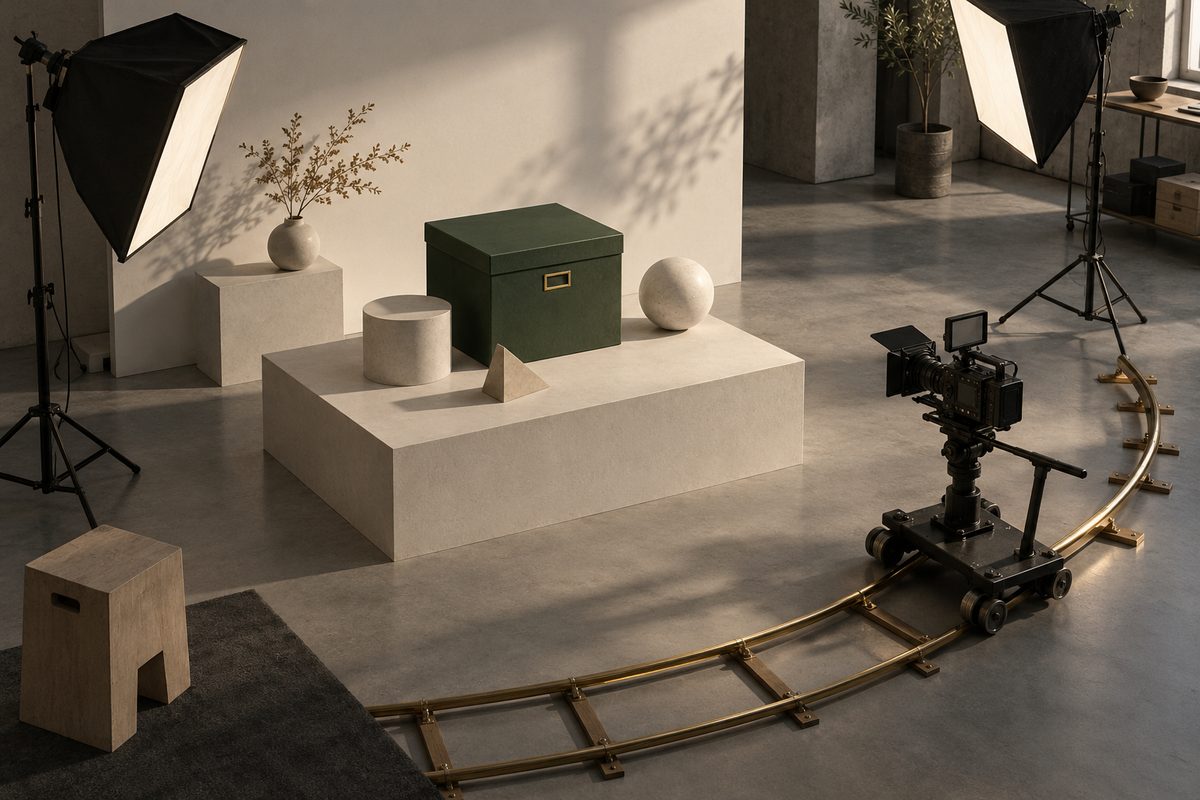 En keramisk bordlampe står i en nordisk studiokulisse med kamera, myke lyskilder, geometriske former og en markert kamerabane.