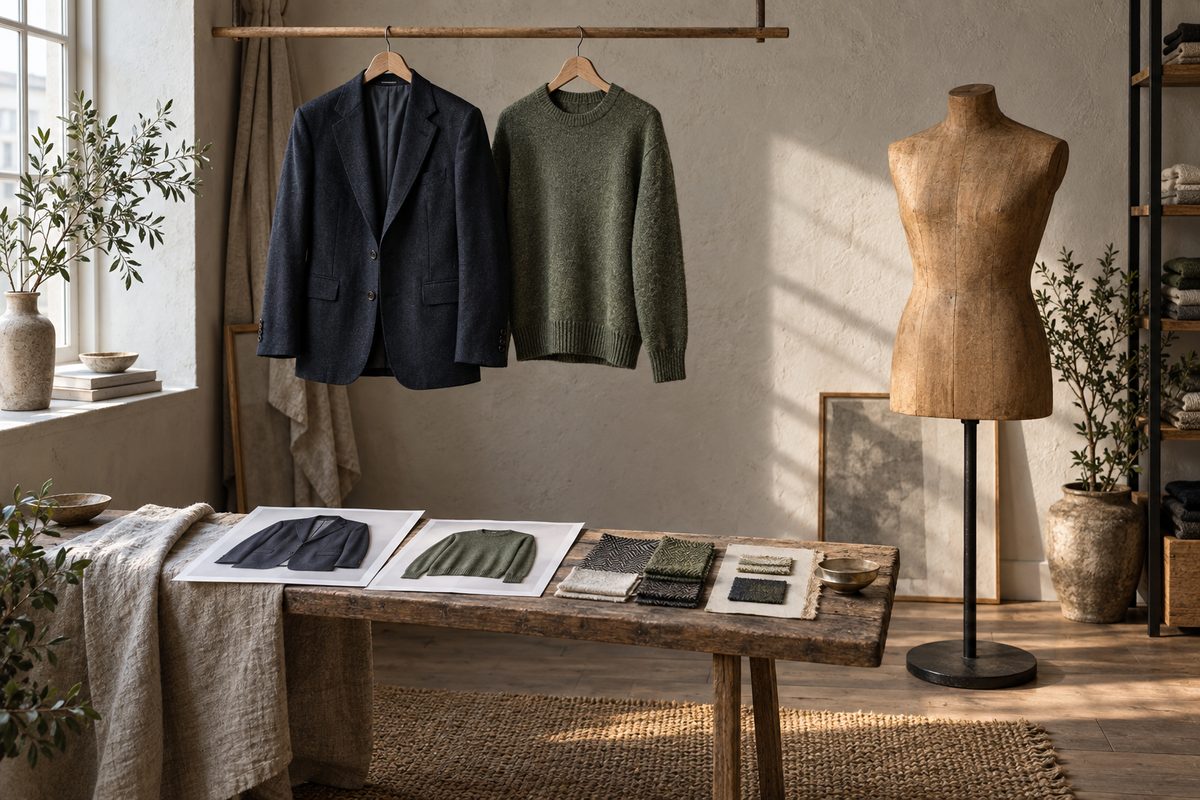 En mørk blazer og en grønn strikkegenser henger ved en prøvedukke i tre, med plaggfoto og stoffprøver på benken.