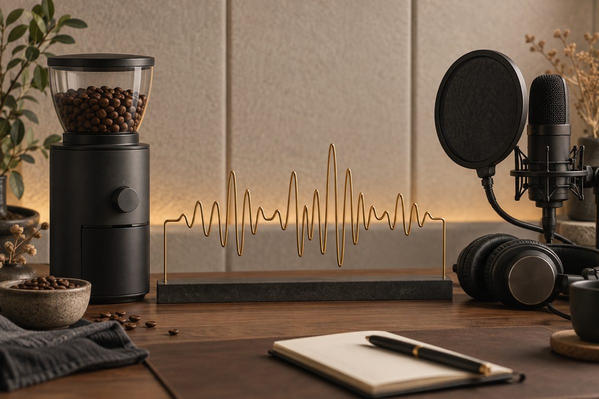 En kaffekvern står ved en gyllen lydbølge av metalltråd, en mikrofon med popfilter og hodetelefoner på et studiobord.