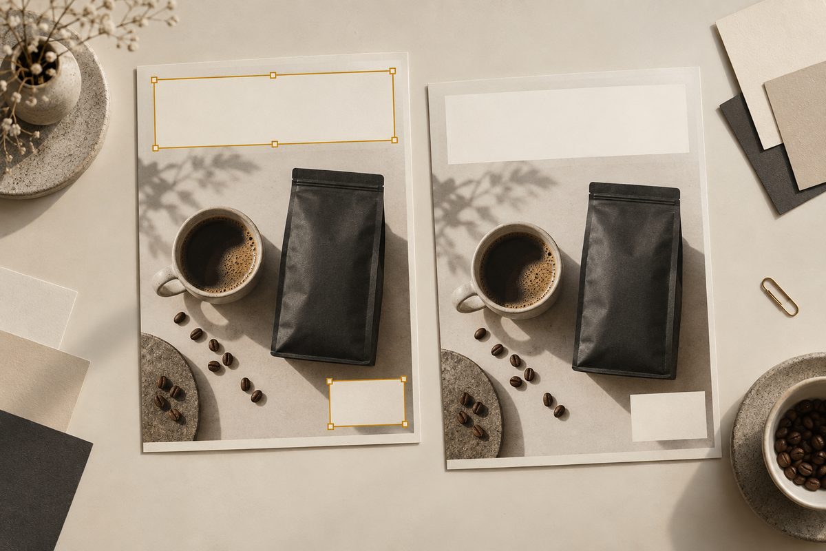 To annonseutkast med kaffekopp og kaffepose ligger på et lyst bord, med tomme tekstfelt og gylne redigeringsrammer.